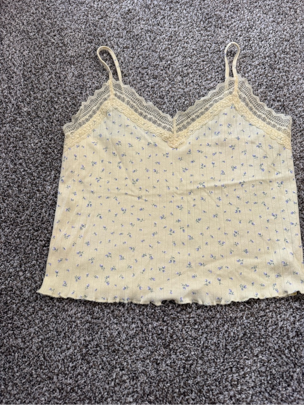 No Boundaries Pale Yellow Floral Lace-Trim Ribbed Cami
